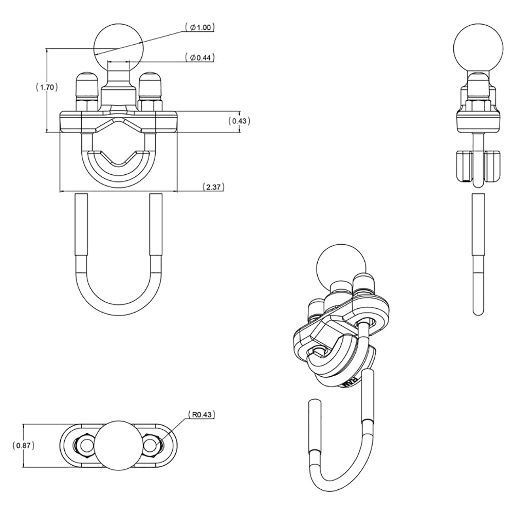 RAM Zinc Coated U-Bolt Base with 1" Ball - RAM-B-231ZU